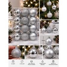 Biton Toptan 12'li Set 4 cm Gümüş Yılbaşı Ağacı Süsü – Mat, Simli ve Parlak Karışık Çam Ağacı Topu Noel Süsü