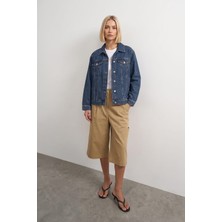 Markapia Kadın Mavi %100 Pamuk Gömlek Yaka Oversize Jean Ceket