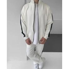 Pomeya  Erkek Scuba Kumaş Oversize Şerit Detaylı Fermuarlı Alt Üst Eşofman Takımı - Beyaz