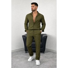 Alyn Wear Erkek Çizgili Krep Kumaş Krem Gömlek Pantolon Alt Üst Takım Uzun Kollu - Haki