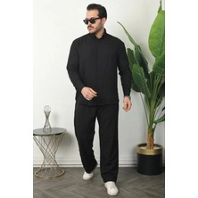 Alyn Wear Erkek Sofya Keten Gömlek Pantolon Alt Üst Takım Uzun Kollu - Siyah