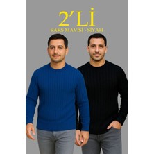 Gökyüzü Moda Erkek Fitilli Triko Kazak 2’li Set Siyah Saks Mavisi Kalın Dokuma Pamuklu Regular Fit