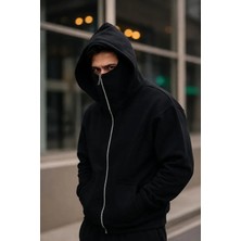 Serac Collection Erkek Maskeli Ninja Model Çift Kapüşonlu 3 Iplik Şardonlu Fermuarlı Sweatshirt - Siyah