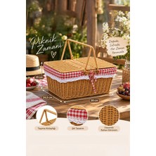 Porsima Vintage Hasır Görünümlü Piknik Sepeti Ahşap Malzeme ile Çift Kapaklı 38 cm Boyutunda
