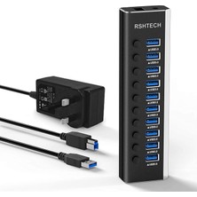 USB 3.0 Hub Rshtech Alüminyum 10 Portlu USB 3.0 Veri Hub, 12V/3A (36W) Güç Adaptörü ve Bireysel Açma/kapama Anahtarları ve Led'li (RSH-A10)