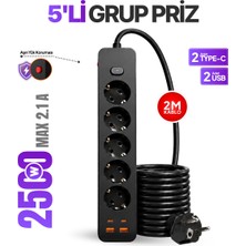 Seyoni 5’li Grup Priz 2 USB 2 Type-C Girişli 2 Metre Kablolu Aşırı Yük Korumalı 2500W