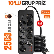 Seyoni 10’lu Grup Priz 2 USB 2 Type-C Girişli 2 Metre Kablolu Aşırı Yük Korumalı 2500W