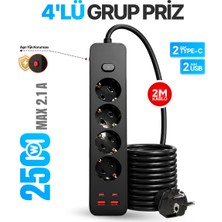 Seyoni 4’lü Grup Priz 2 USB 2 Type-C Girişli 2 Metre Kablolu Aşırı Yük Korumalı 2500W