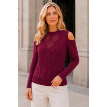 AQE FASHION Kadın Yuvarlak Yaka Uzun Kollu Omzu Açık Saç Örgülü Küçük Ponponlu Bordo Triko Kazak