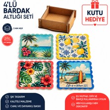 Kids Town 4'lü Yaz Temalı Mdf Bardak Altlığı Seti – 3 mm Uv Baskılı Dekoratif Ahşap Bardak Altlığı – Kutu Hediyeli