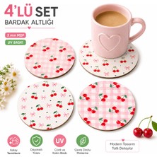 Kids Town 4'lü Cherry Desenli Mdf Bardak Altlığı Seti – 3 mm Uv Baskılı Dekoratif Kahve ve Çay Altlığı