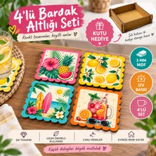 Kids Town 4'lü Summer Breeze Mdf Bardak Altlığı Seti | Uv Baskılı Dekoratif Ahşap Bardak Altlığı | Kutu Hediyeli