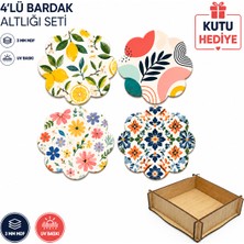 Kids Town 4'lü Çiçek Formlu Mdf Bardak Altlığı Seti – 3 mm Uv Baskılı Dekoratif Ahşap Bardak Altlığı – Kutu Hediyeli