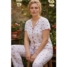 Siyah İnci Kiraz Desenli Fiyonklu Büyük Beden Fitilli Kaşkorse Örme Pijama TAKIM26120851