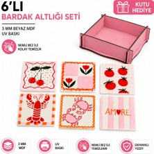 Kids Town Woodtown 6'lı Bardak Altlığı Seti – 3 mm Beyaz Mdf Uv Baskılı Dekoratif Bardak Altlığı, Pembe Ahşap Hediye Kutu