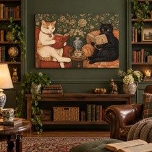 Gaagart Tekli Yatay Kanvas Tablo Dijital Baskı Kitap Okuyan Iki Kedi Vintage Salon Tablosu