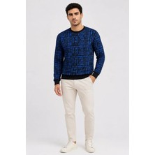 Gökyüzü Moda Erkek Siyah Mavi Yazı Desenli Iki Iplik Şardonlu Sweatshirt