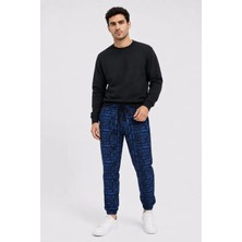 Gökyüzü Moda Erkek Siyah Mavi Yazı Desenli Iki Iplik Şardonlu Jogger Eşofman Altı