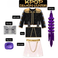 Bemora Kids Kpop Huntrix Işıklı Rumi Mira Zoey Iblis Avcıları Kostüm Etek Işıklı Ceket Büstiyer Bluz + Tasarım Mor Babble  Top Saç + Yüz Taşı + Mor Saç Tozu Doğum Günü Parti Seti