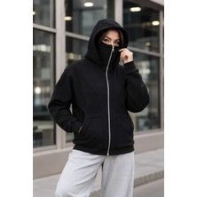 Trend Cojans Maskeli Ninja Model Çift Kapüşonlu 3 Iplik Şardonlu Fermuarlı Oversize Sweatshirt - Siyah