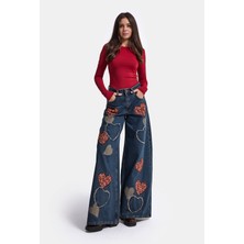 It's Basic Kadın Koyu Tint 1W6-8 Palazzo Fit Özel Nakış Desenli Tasarım Denim Jean