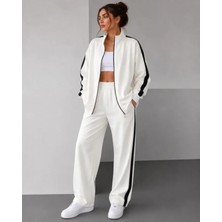 Trend Cojans Scuba Kumaş Oversize Şerit Detaylı Fermuarlı Alt Üst Eşofman Takımı - Beyaz