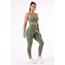 Womenmade Kadın Haki Yeşil Renk Dikişsiz Spor Büstiyer ve Push Up Toparlayıcı Spor Tayt Takımı
