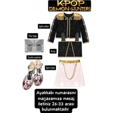 Bemora Kids Kpop Huntrix Işıklı Rumi Mira Zoey Iblis Avcıları Kostüm Etek Işıklı Ceket Büstiyer Bluz + Kpop Topuklu Ayakkabı + Yüz Taşı Doğum Günü Parti Seti