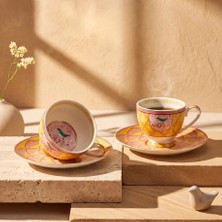 Sunum Luxe Kuş Desenli Sarı 2’li Porselen Kahve Fincan Takımı
