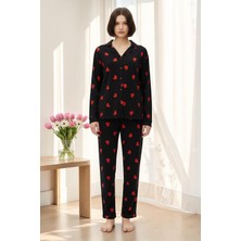 Estiva Kadın Kalp Desenli Siyah Önden Düğmeli Süet Pijama Takımı