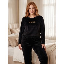 Estiva Kadın Good Yazılı Büyük Beden Kadife Pijama Takımı
