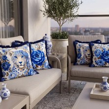 Sunum Luxe Mavi Leopar Desenli 4’lü Saçaklı Kırlent Kılıfı