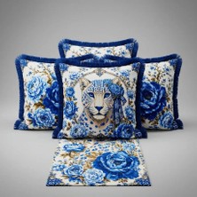 Sunum Luxe Mavi Leopar Desenli Runner + 4’lü Kırlent Kılıfı Kombin Seti