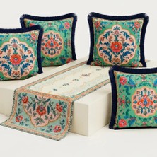 Sunum Luxe Oriental Bloom Çiçek Desenli Runner + 4’lü Kırlent Kılıfı Kombin Seti