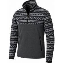 Ghassy Co. Erkek Etnik Desenli 1/4 Zip Yarım Fermuarlı Cepli Polar Outdoor Günlük Kullanım