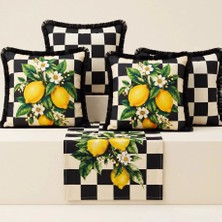 Sunum Luxe Damalı Limon Desenli Runner + 4’lü Kırlent Kılıfı Kombin Seti