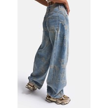 It's Basic Kadın Mavi Baggy Fit T11T Özel Desenli Kumaş Tasarım Denim Jean