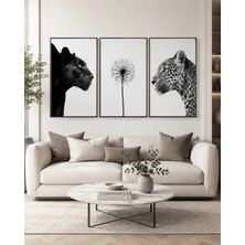 Reklamcın Siyah Beyaz Panter Leopar ve Karahindiba 3’lü Dekoratif Duvar Tablosu Seti
