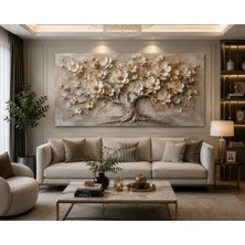 Reklamcın **kabartma Görünümlü Çiçekli Hayat Ağacı Kanvas Tablo | 3D Efektli Bej Gold Modern Salon Yatak Odası Ofis Duvar Dekoru**