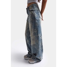 It's Basic Kadın Mavi Baggy Fit T12T Özel Desenli Kumaş Parlak Taşlı Tasarım Denim Jean