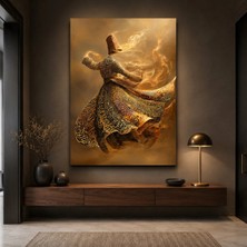 Reklamcın Symeryus Art Altın Tonlu Semazen ve Hat Sanatı Desenli Çerçevesiz Dekoratif Duvar Tablosu