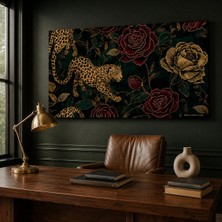 Reklamcın Gold Leopar ve Bordo Gül Desenli Kanvas Tablo – Yeşil Botanik Lüks Duvar Dekoru