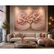Reklamcın **kabartma Görünümlü Pembe Çiçekli Hayat Ağacı Kanvas Tablo | 3D Efektli Pudra Gold Modern Duvar Dekoru**