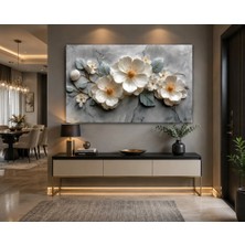 Reklamcın **kabartma Görünümlü Beyaz Çiçek Kanvas Tablo | 3D Efektli Gri Mermer Desenli Modern Salon Duvar Dekoru**