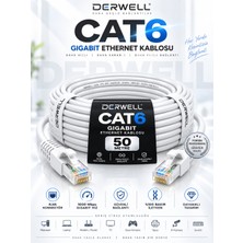 Derwell Cat6 50 Metre Gigabit Ethernet Internet Kablosu RJ45 Konnektörlü Bilgisayar Pc Modem Router Smart Tv Oyun Konsolu Ev Ofis Uyumlu 1000 Mbps Yüksek Hızlı Kesintisiz Lan Ağ Bağlantı Kablosu