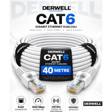 Derwell Yeni 2026 40 Metre Cat6 Ethernet Internet Kablosu Uçları Hazır RJ45 Konnektörlü Yüksek Hızlı Kesintisiz Bilgisayar Pc Modem Router Smart Tv Oyun Konsolu Uyumlu 1000 Mbps Gigabit Lan Ağ Bağlantı Kablo