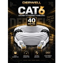 Derwell 40 Metre Cat6 Gigabit Ethernet Kablosu RJ45 Konnektör Uçlu 1000MBPS Fiber Internet Lan Ağ Kablosu Bakır Güvenli Bağlantı Bilgisayar Modem Router Smart Tv Ps5 Xbox Laptop Uzun Ömürlü Kablo
