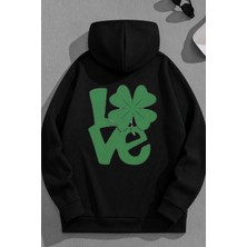 Kozz Style Unisex 3 Iplik Pamuklu Siyah Yonca Baskı Bol Kalıp Sweatshirt Hoodie