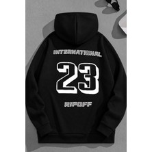 Kozz Style Unisex 3 Iplik Pamuklu Siyah İNTERNATIONAL23 Baskı Bol Kalıp Sweatshirt Hoodie