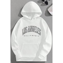 Kozz Style Unisex 3 Iplik Pamuklu Beyaz Losangelesıcıbos Baskı Bol Kalıp Sweatshirt Hoodie